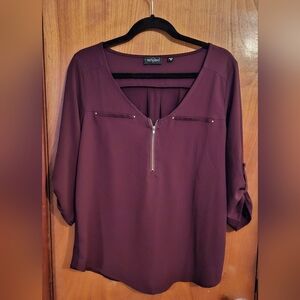 Tempted Hearts Burgundy Half-Zip Blouse | Roll-Tab Sleeves - Size M